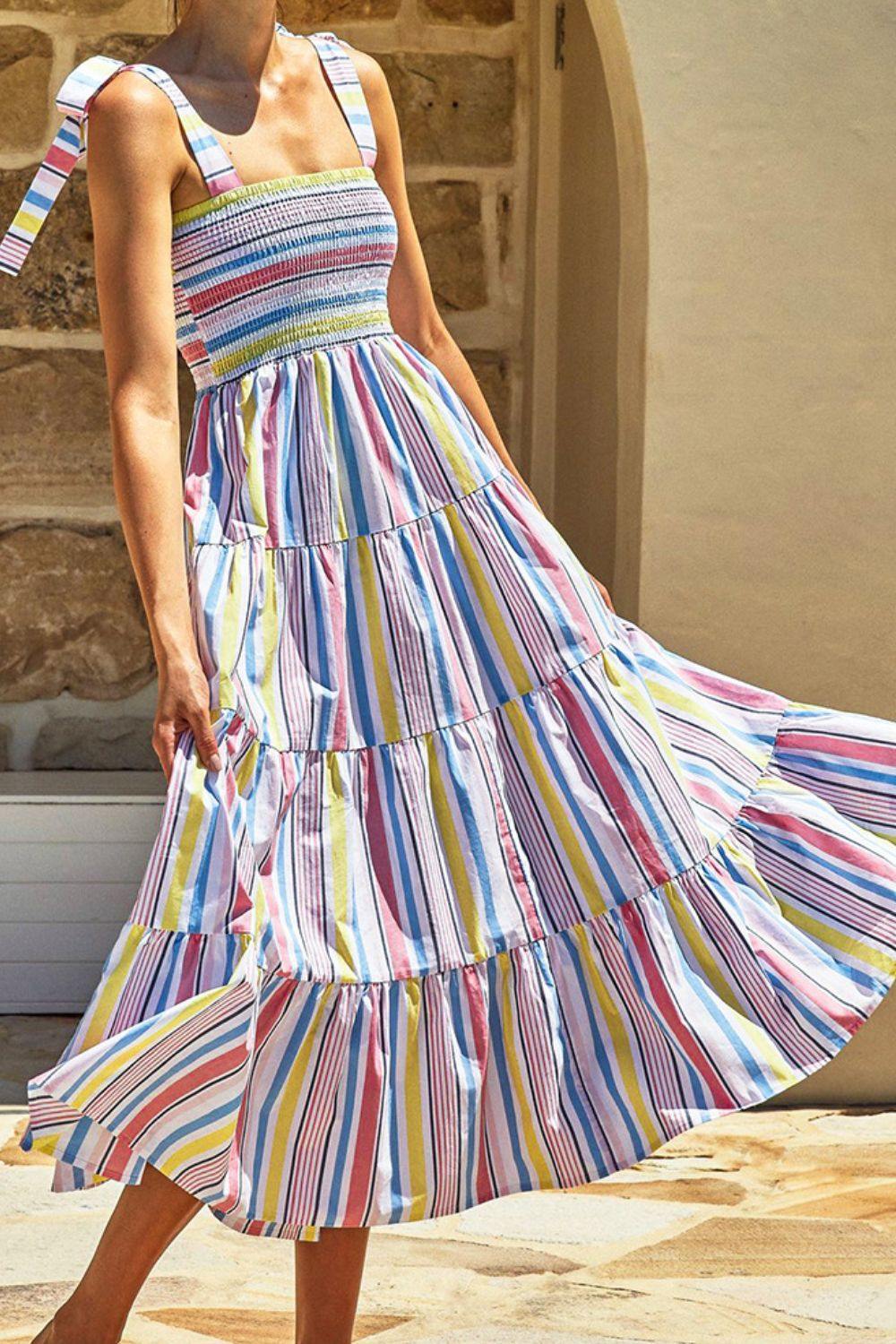 Striped Tie-Shoulder Smocked Tiered Dress - Flyclothing LLC