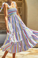Striped Tie-Shoulder Smocked Tiered Dress - Trendsi - Flyclothing LLC