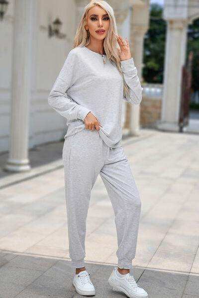Round Neck Top and Drawstring Pants Lounge Set - Trendsi - Flyclothing LLC