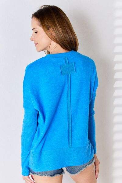 Zenana Ribbed Trim Round Neck Long Sleeve Top - Trendsi - Flyclothing LLC