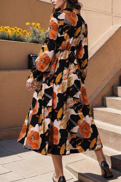 Printed Tie Neck Flounce Sleeve Dress - Trendsi - Flyclothing LLC