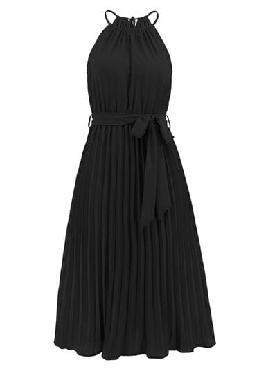 Pleated Spaghetti Strap Tie Waist Midi Dress - Trendsi
