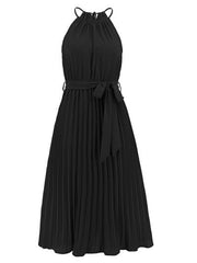 Pleated Spaghetti Strap Tie Waist Midi Dress - Trendsi