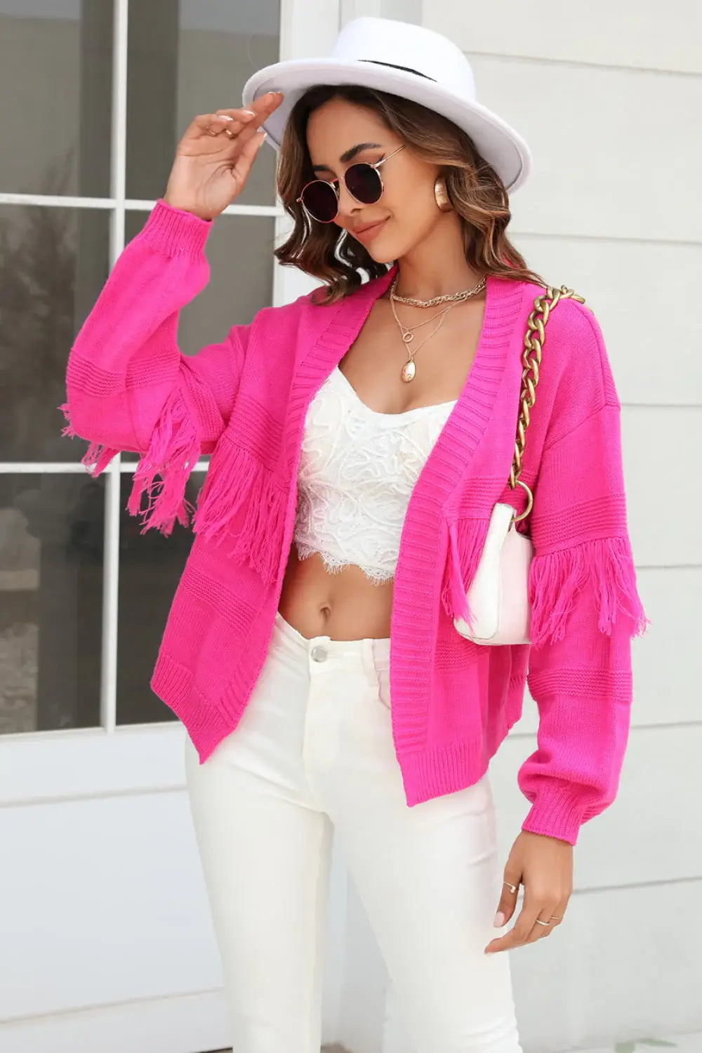 Fringe Trim Open Front Cardigan - Trendsi - Flyclothing LLC