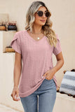 Eyelet V-Neck Petal Sleeve T-Shirt - Trendsi - Flyclothing LLC