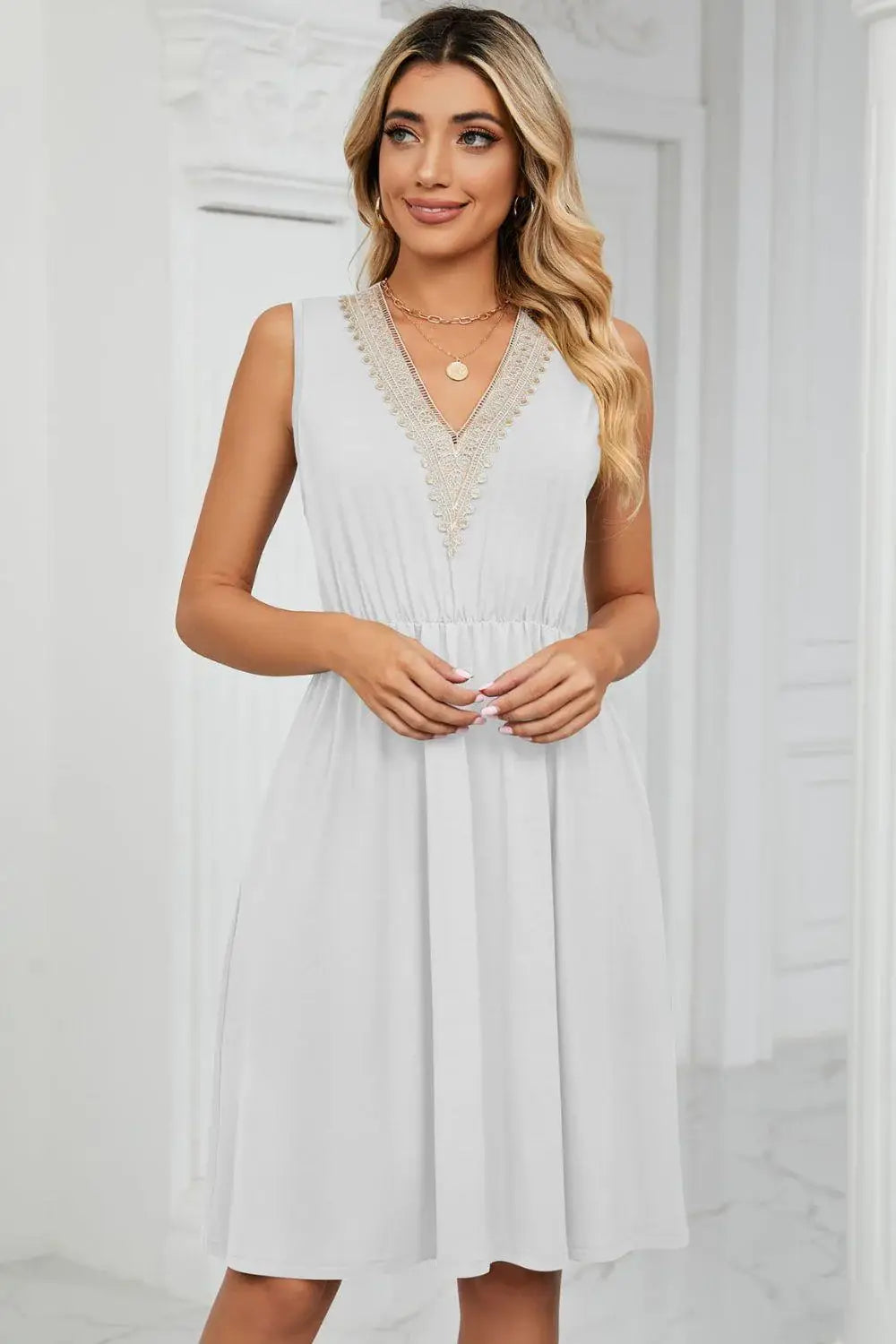 Contrast V-Neck Sleeveless Dress - Trendsi - Flyclothing LLC