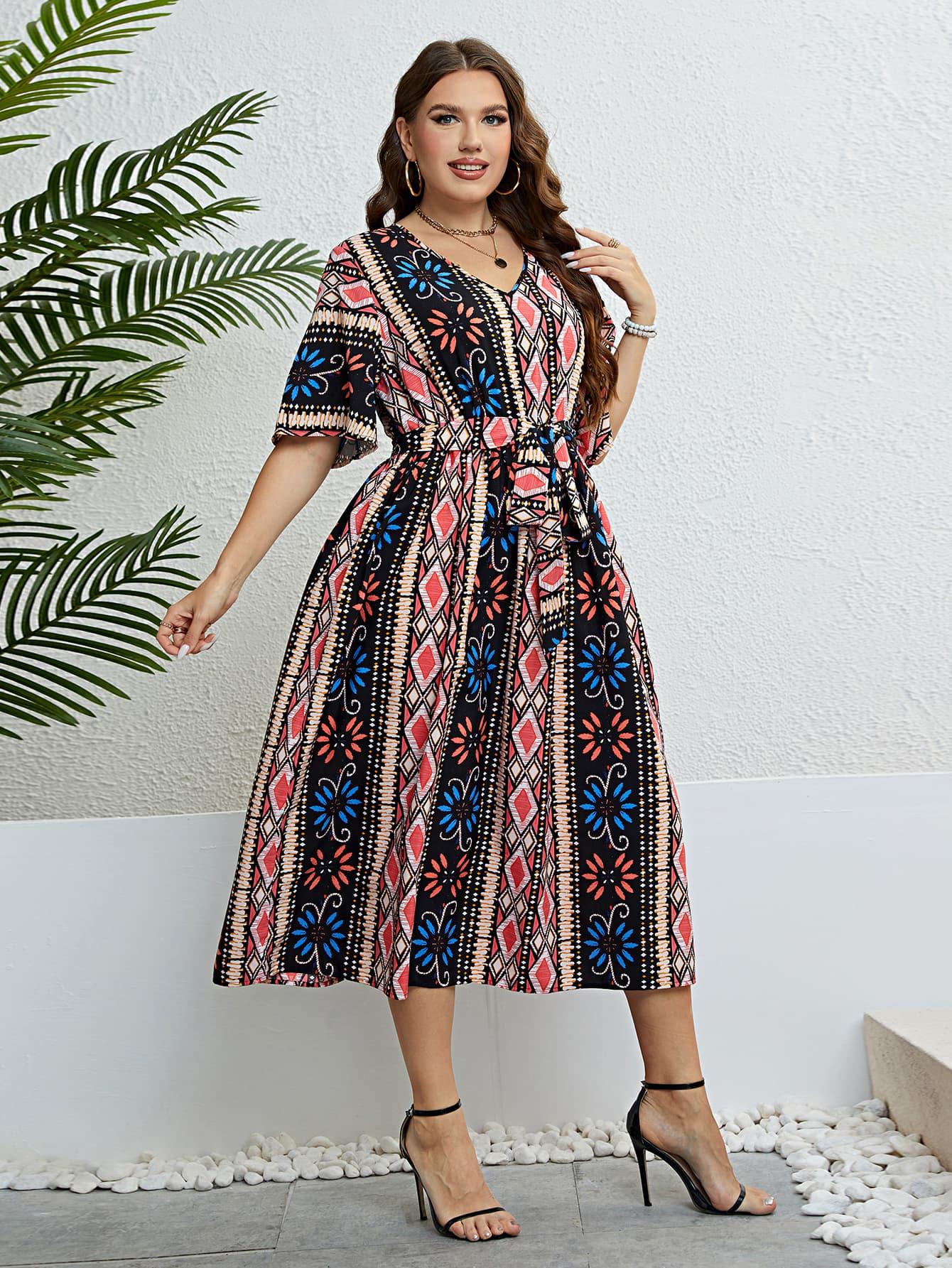 Plus Size Bohemian V-Neck Tie Belt Midi Dress - Trendsi