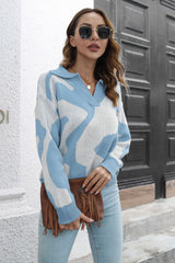 Two-Tone Johnny Collar Dropped Shoulder Pullover Sweater - Trendsi