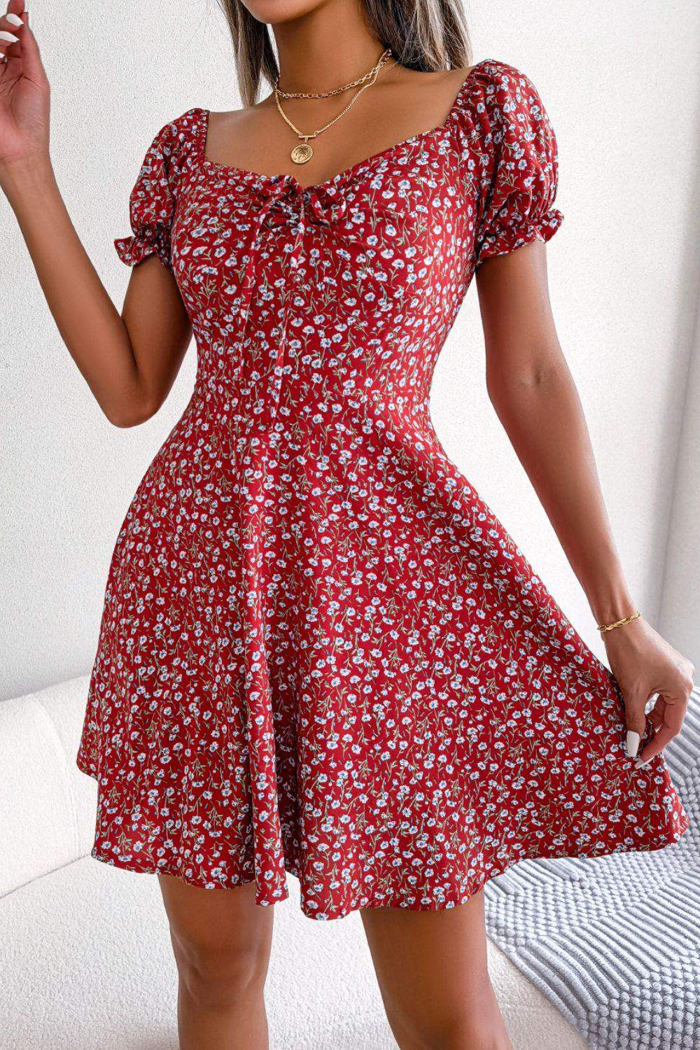 Ditsy Floral Drawstring A-Line Dress - Trendsi - Flyclothing LLC