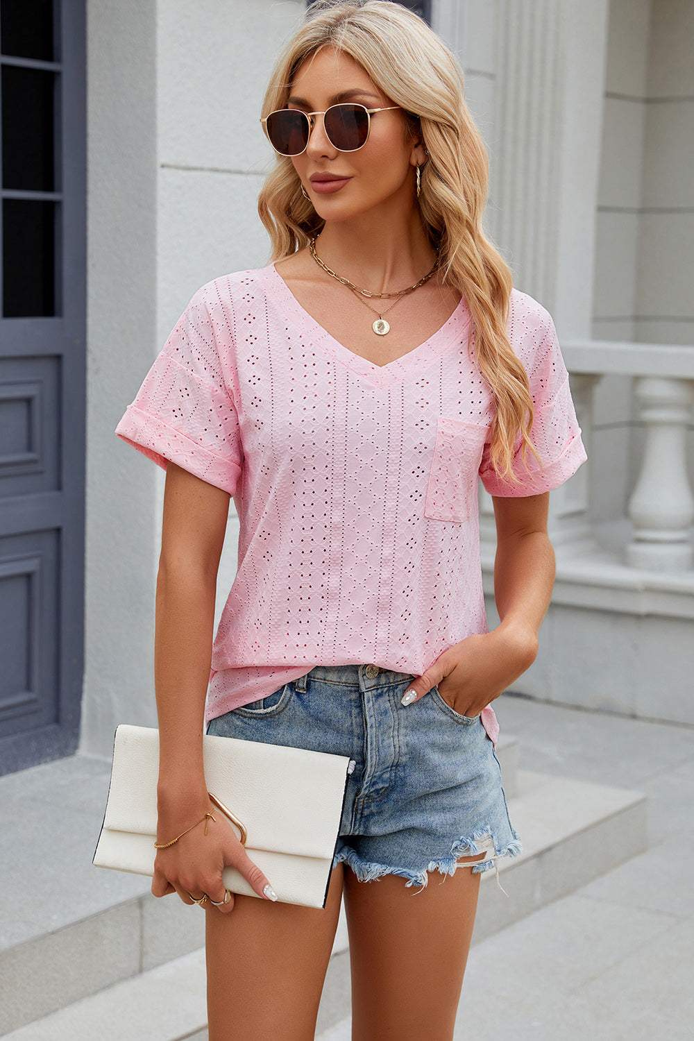 Eyelet V-Neck Short Sleeve T-Shirt - Trendsi - Flyclothing LLC