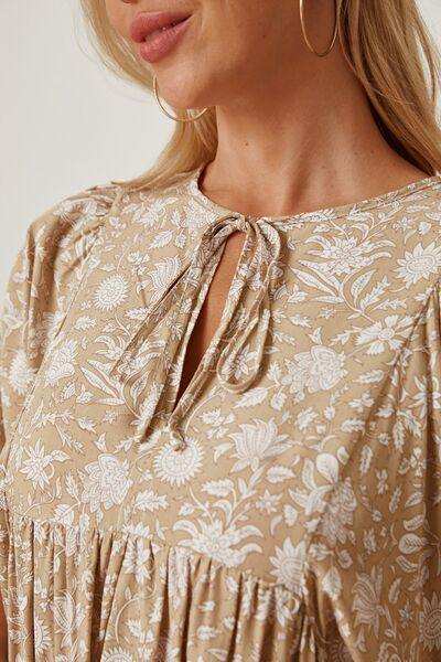 Floral Tie Neck Ruched Babydoll Dress - Trendsi - Flyclothing LLC