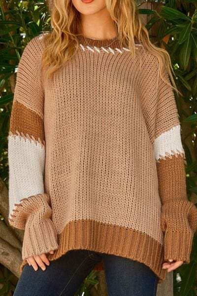 Color Block Round Neck Dropped Shoulder Sweater - Trendsi - Flyclothing LLC