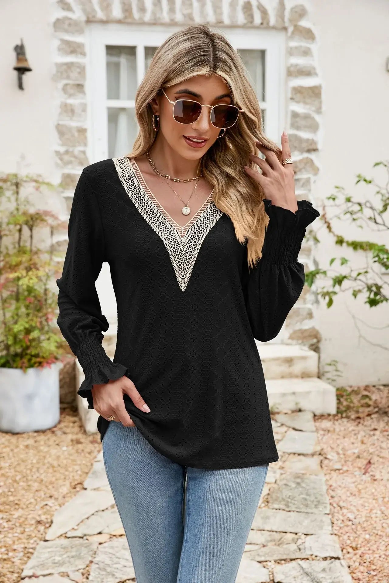 Eyelet V-Neck Smocked Flounce Sleeve Blouse - Trendsi - Flyclothing LLC