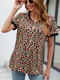 Leopard Round Neck Short Sleeve Tee Shirt - Trendsi - Flyclothing LLC