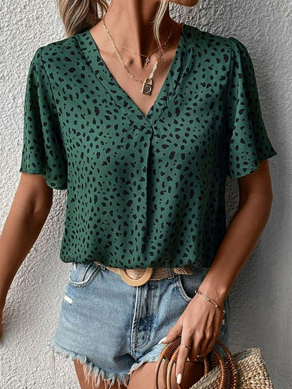 Animal Print V-Neck Flutter Sleeve Blouse - Trendsi