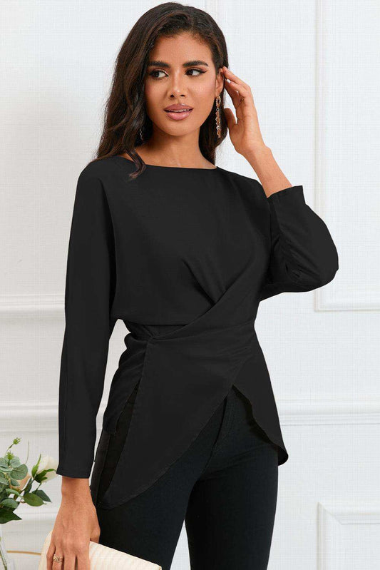 Boat Neck Back Tie Long Sleeve Satin Blouse - Trendsi - Flyclothing LLC
