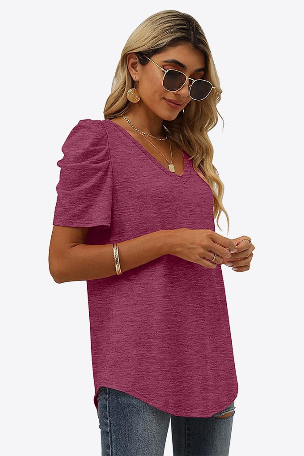 V-Neck Puff Sleeve Tee - Trendsi