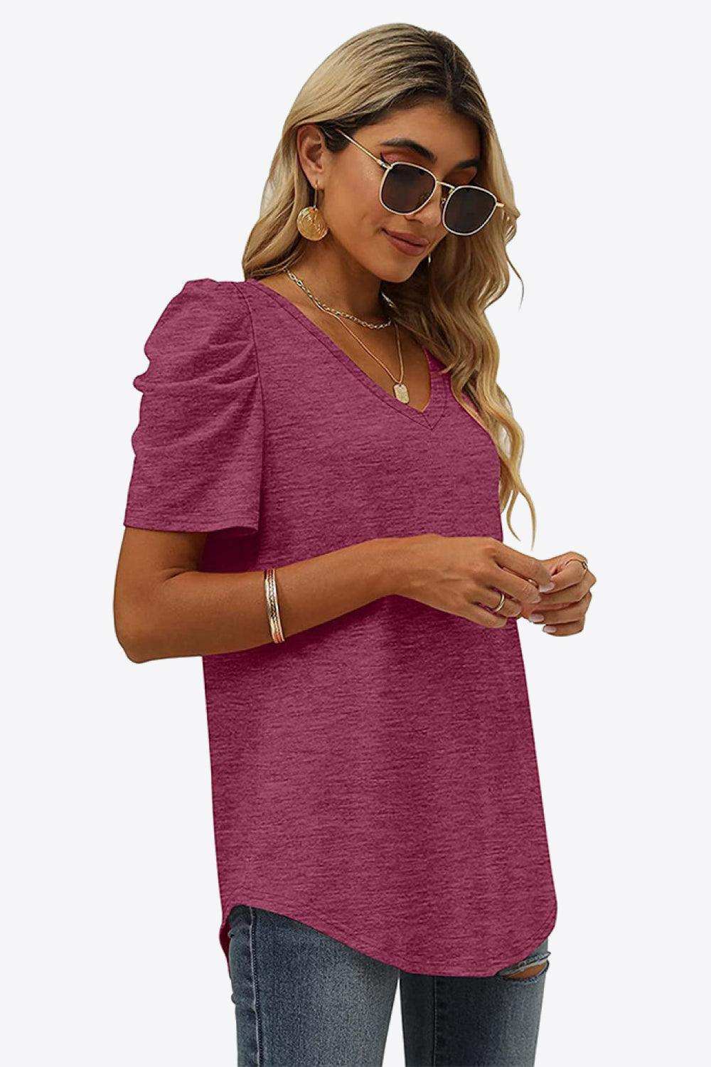 V-Neck Puff Sleeve Tee - Trendsi - Flyclothing LLC