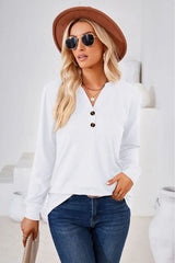 V-Neck Buttoned Long Sleeve Blouse - Trendsi - Flyclothing LLC