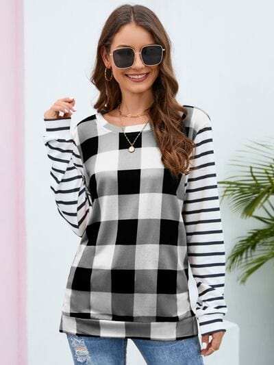 Plaid Striped Round Neck Long Sleeve T-Shirt - Trendsi - Flyclothing LLC