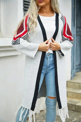 Geometric Fringe Hem Open Front Duster Cardigan - Trendsi - Flyclothing LLC