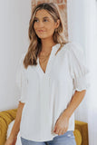 Smocked Flounce Sleeve Notched Neck Blouse - Trendsi