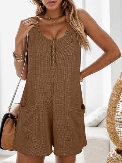 Waffle-Knit Scoop Neck Wide Strap Romper - Trendsi - Flyclothing LLC