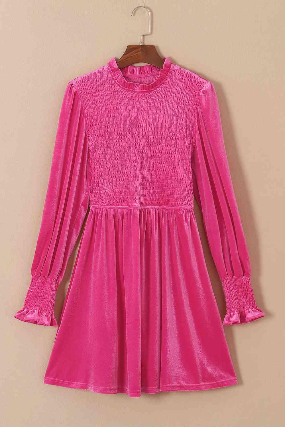 Smocked Round Neck Long Sleeve Dress - Flyclothing LLC