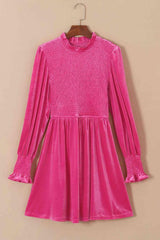 Smocked Round Neck Long Sleeve Dress - Flyclothing LLC