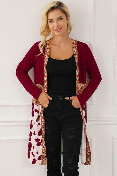 Printed Long Sleeve Open Front Outerwear - Trendsi - Flyclothing LLC