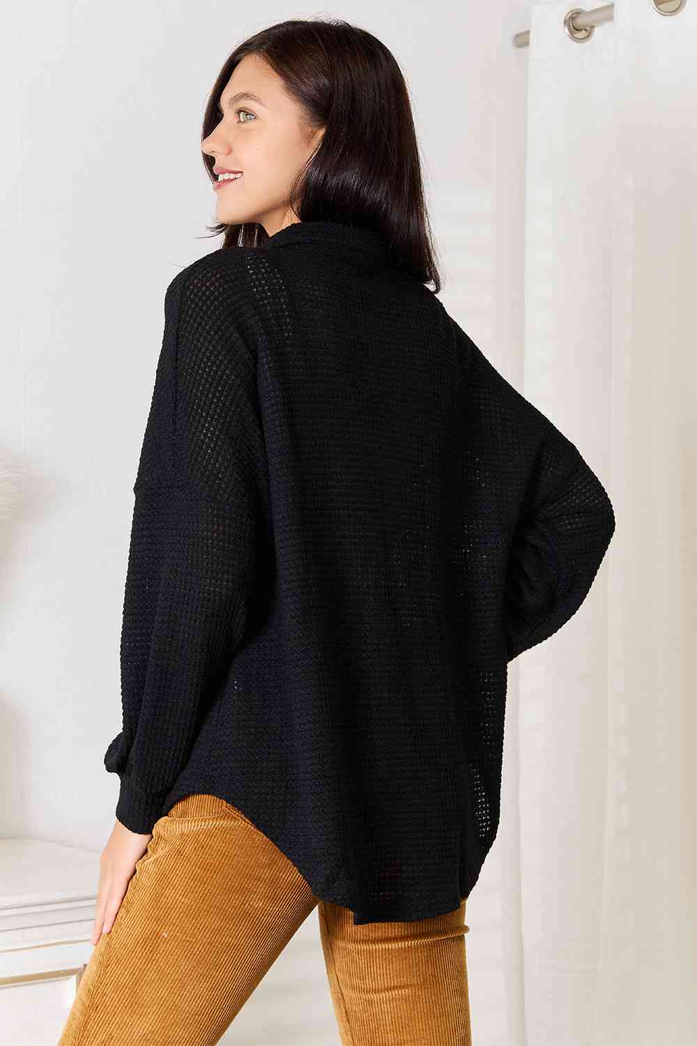 Double Take Waffle-Knit Collared Neck Dropped Shoulder Shirt - Trendsi - Flyclothing LLC
