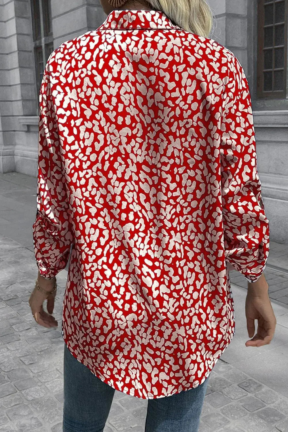 Leopard Roll-Tap Sleeve Shirt - Trendsi - Flyclothing LLC