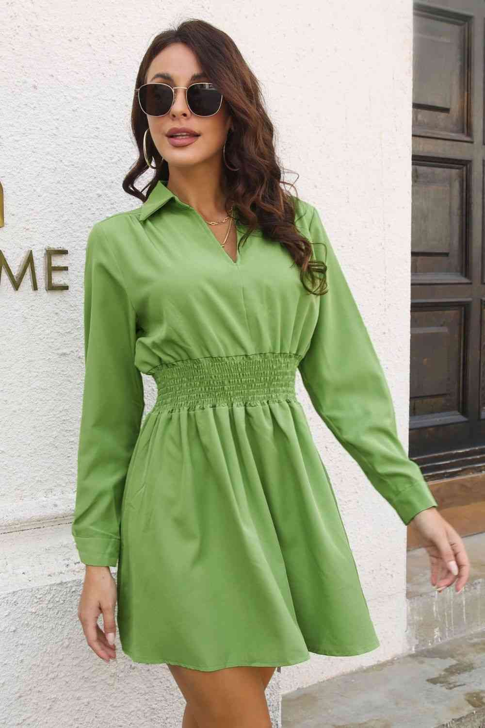 Johnny Collar Smocked Waist Long Sleeve Mini Dress - Trendsi - Flyclothing LLC