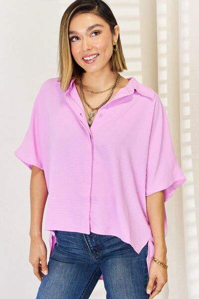 Zenana Texture Button Up Short Sleeve High-Low Shirt - Trendsi - Flyclothing LLC