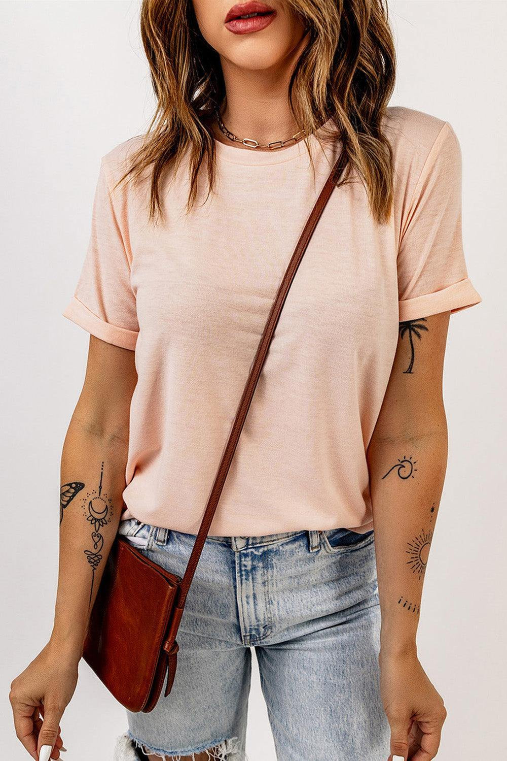 Round Neck Cuffed Short Sleeve Tee - Trendsi