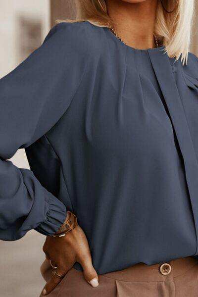 Button Up Round Neck Long Sleeve Shirt - Trendsi - Flyclothing LLC