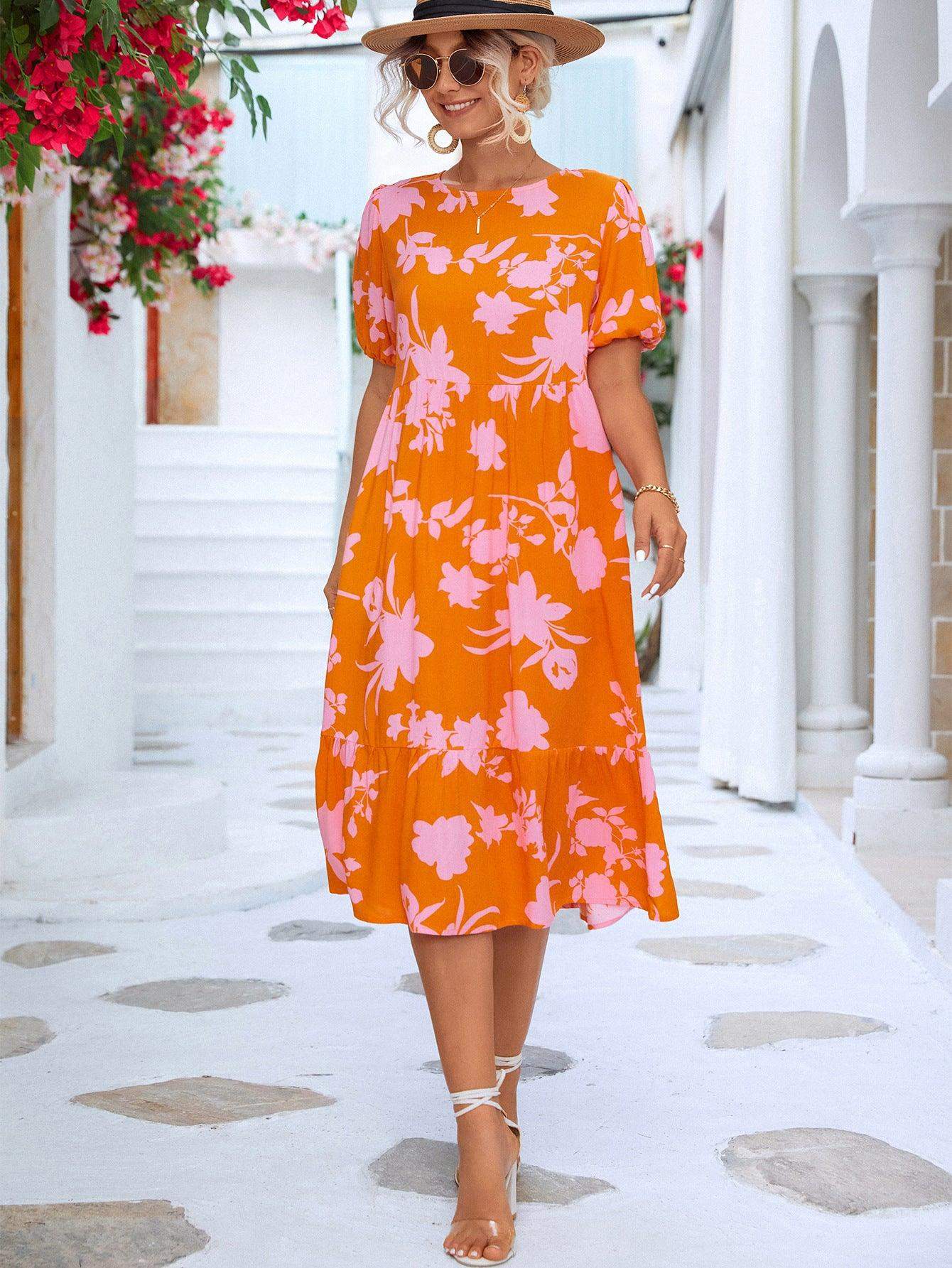 Floral Puff Sleeve Ruffle Hem Midi Dress - Trendsi - Flyclothing LLC