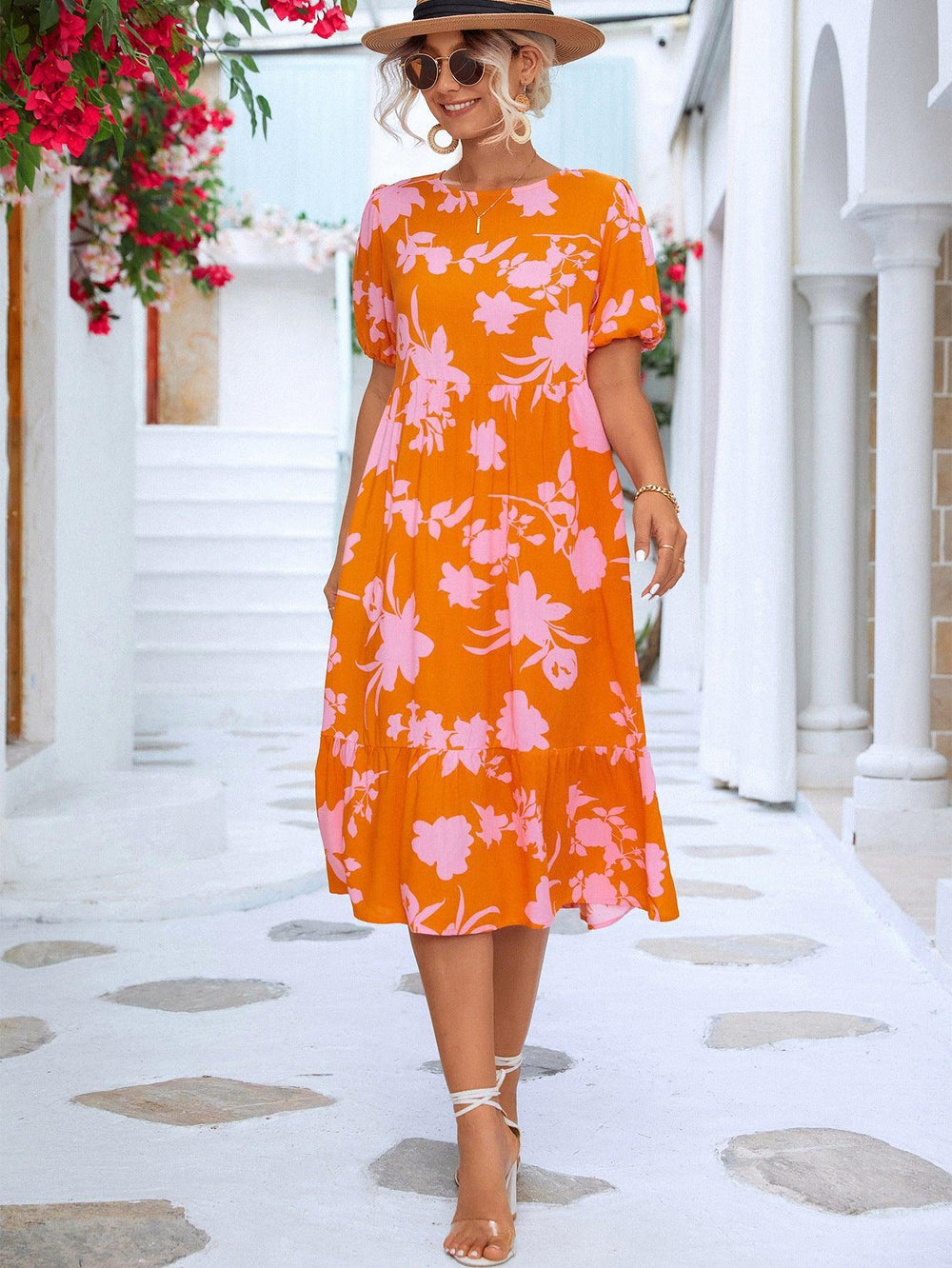 Floral Puff Sleeve Ruffle Hem Midi Dress - Trendsi