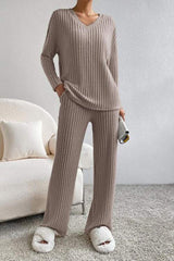 Ribbed V-Neck Top and Pants Set - Trendsi - Flyclothing LLC