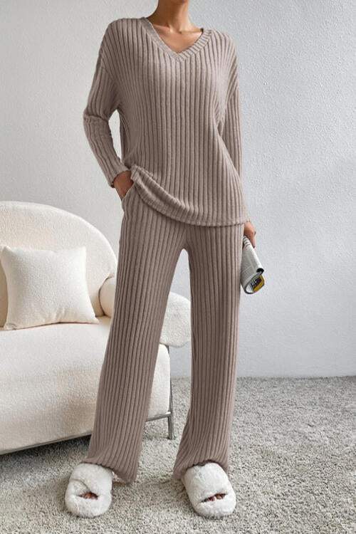 Ribbed V-Neck Top and Pants Set - Trendsi - Flyclothing LLC