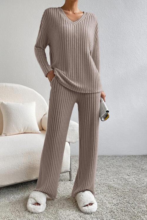 Ribbed V-Neck Top and Pants Set - Trendsi