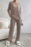 Ribbed V-Neck Top and Pants Set - Trendsi