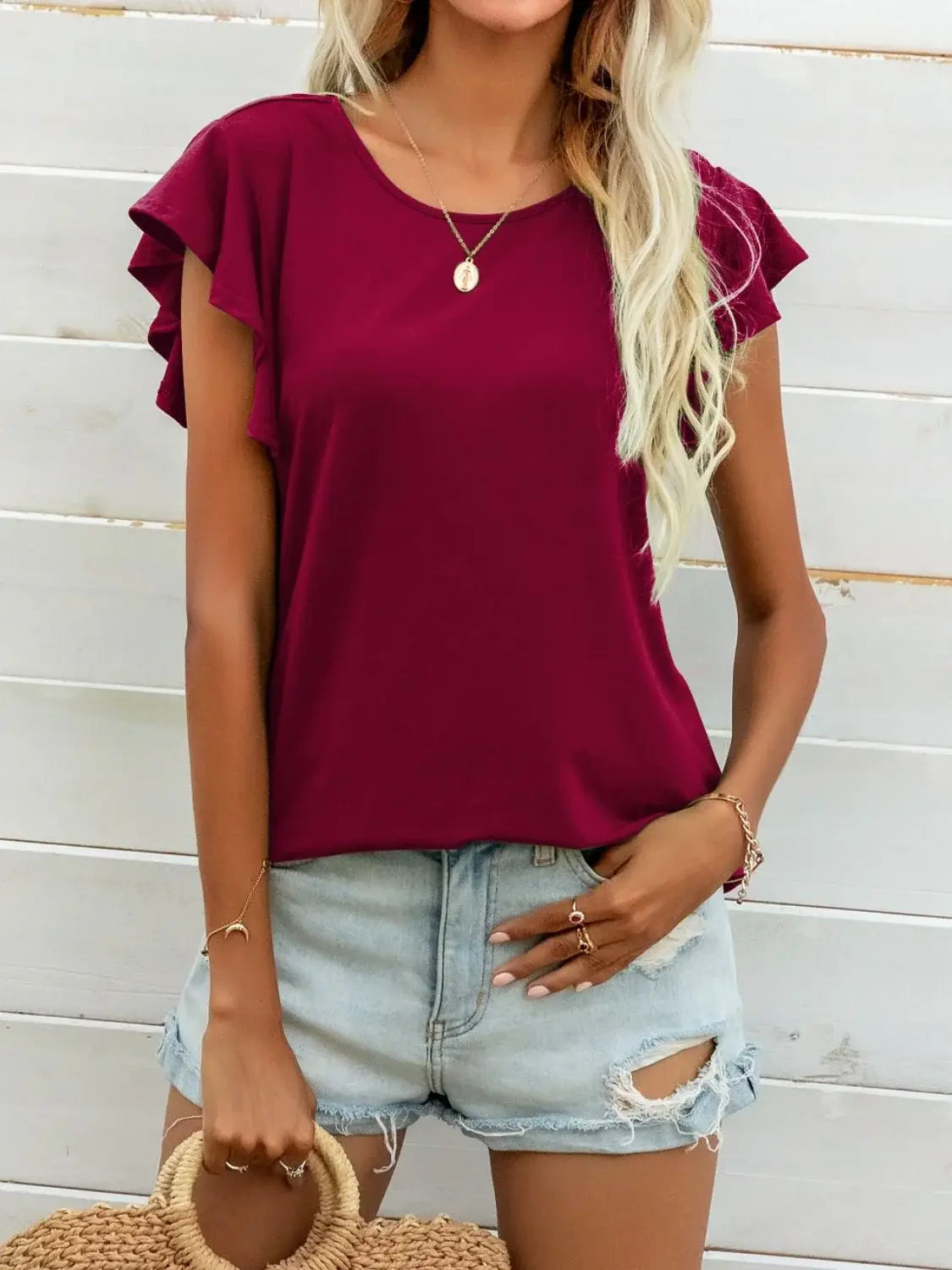 Round Neck Butterfly Sleeve Top - Trendsi - Flyclothing LLC