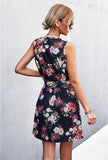 Printed Zip Detail Belted Sleeveless Dress - Trendsi