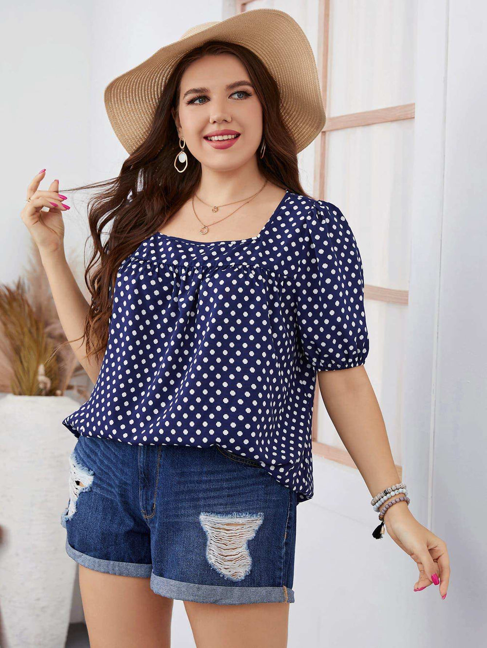 Plus Size Polka Dot Square Neck Blouse - Trendsi - Flyclothing LLC