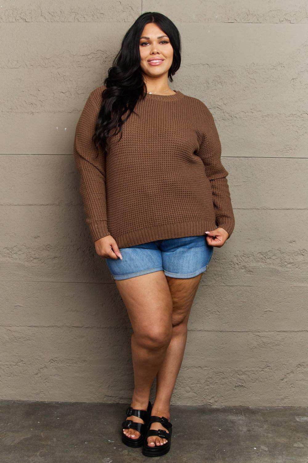Zenana Breezy Days Plus Size High Low Waffle Knit Sweater - Trendsi - Flyclothing LLC