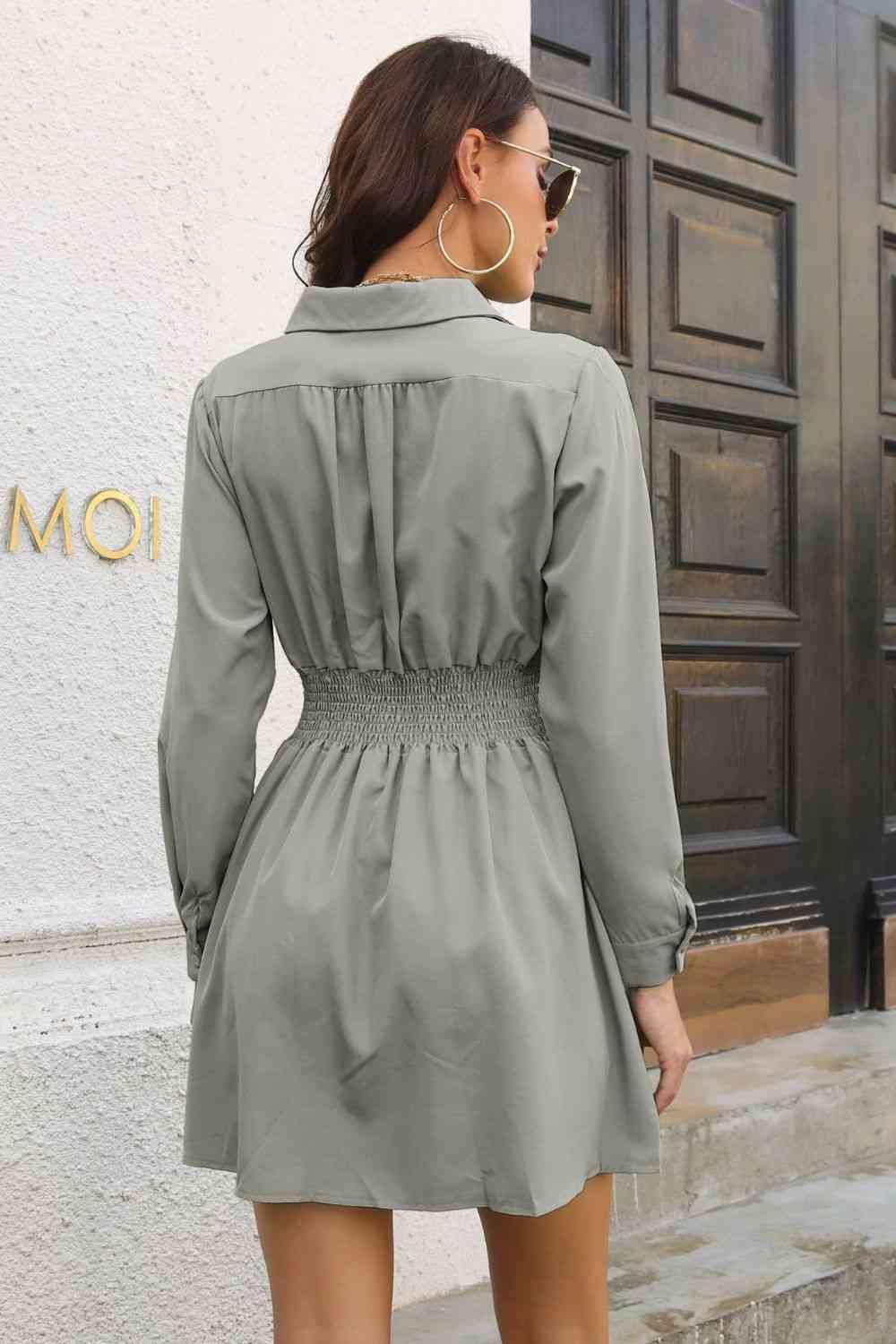 Johnny Collar Smocked Waist Long Sleeve Mini Dress - Trendsi