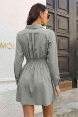 Johnny Collar Smocked Waist Long Sleeve Mini Dress - Trendsi