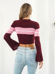 Ribbed Color Block Round Neck Cropped Sweater - Trendsi