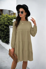 Balloon Sleeve Keyhole Tiered Dress - Trendsi - Flyclothing LLC
